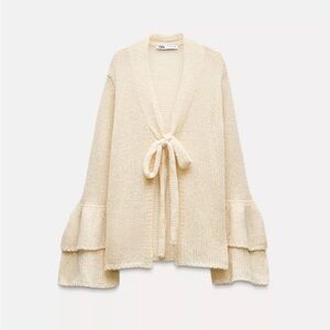 Zara RUFFLED SLEEVE KNIT Cardigan with Tie-Front